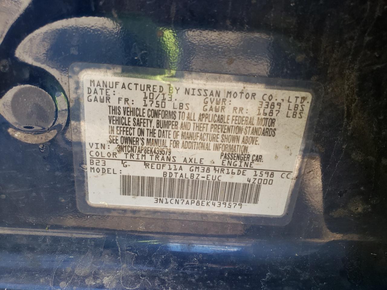Photo 10 from auction – 2014 NISSAN VERSA S with VIN 3N1CN7AP8EK439579