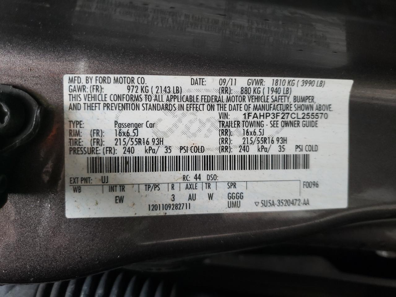 Photo 10 from auction – 2012 FORD FOCUS SE with VIN 1FAHP3F27CL255570