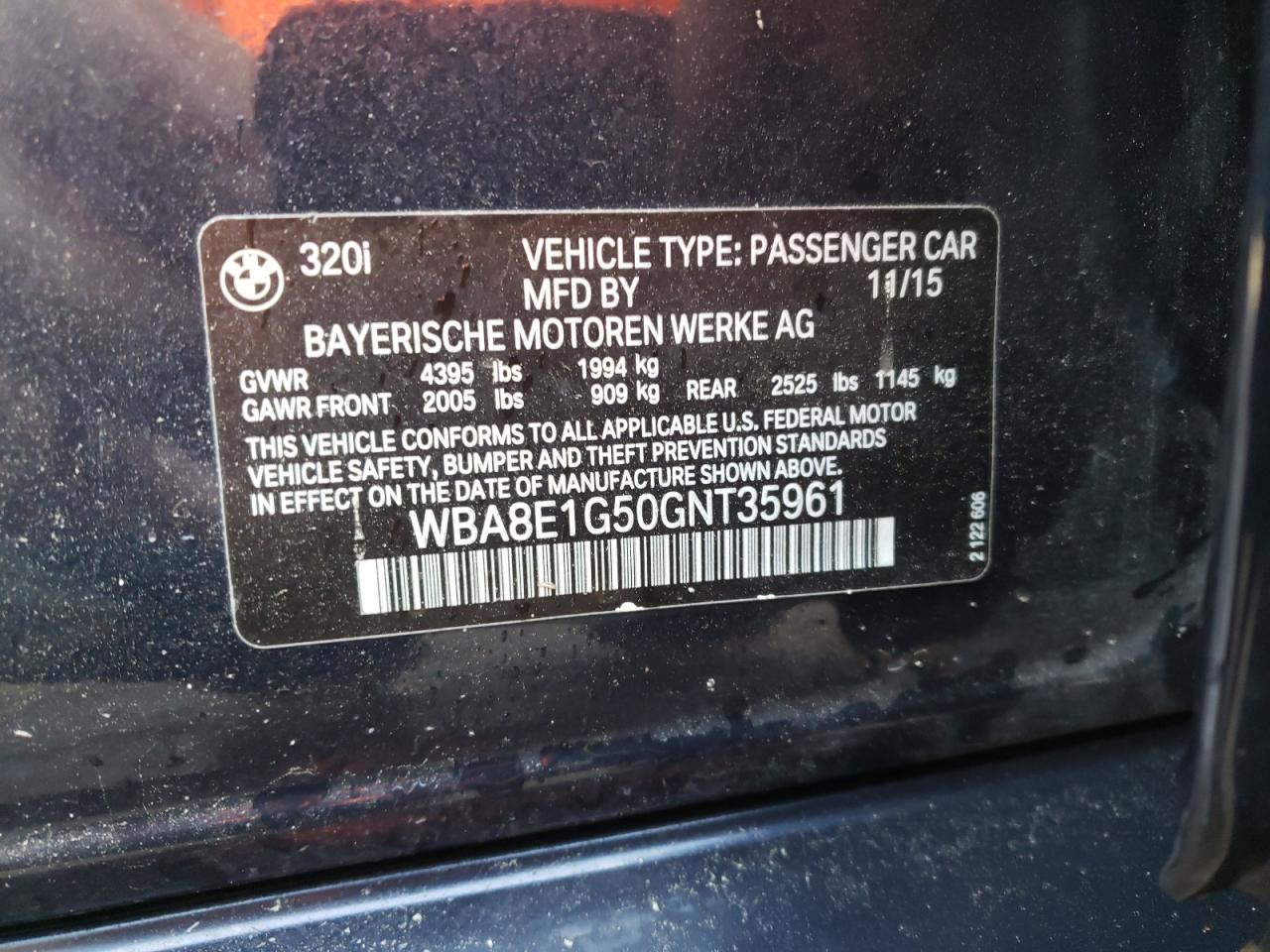 Photo 10 from auction – 2016 BMW 320 I with VIN WBA8E1G50GNT35961