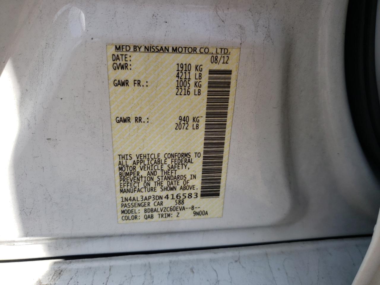 Photo 10 from auction – 2013 NISSAN ALTIMA 2.5 with VIN 1N4AL3AP3DN416583