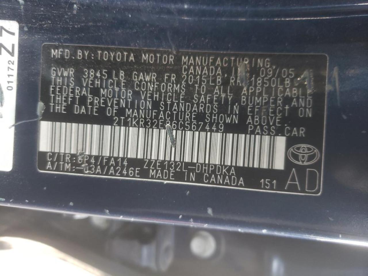 Photo 10 from auction – 2006 TOYOTA COROLLA MA with VIN 2T1KR32E86C567449