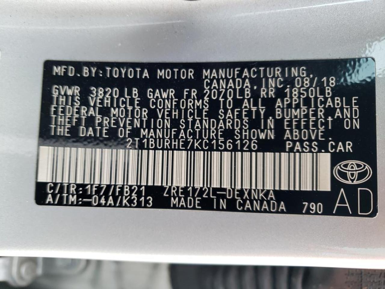 Photo 10 from auction – 2019 TOYOTA COROLLA L with VIN 2T1BURHE7KC156126