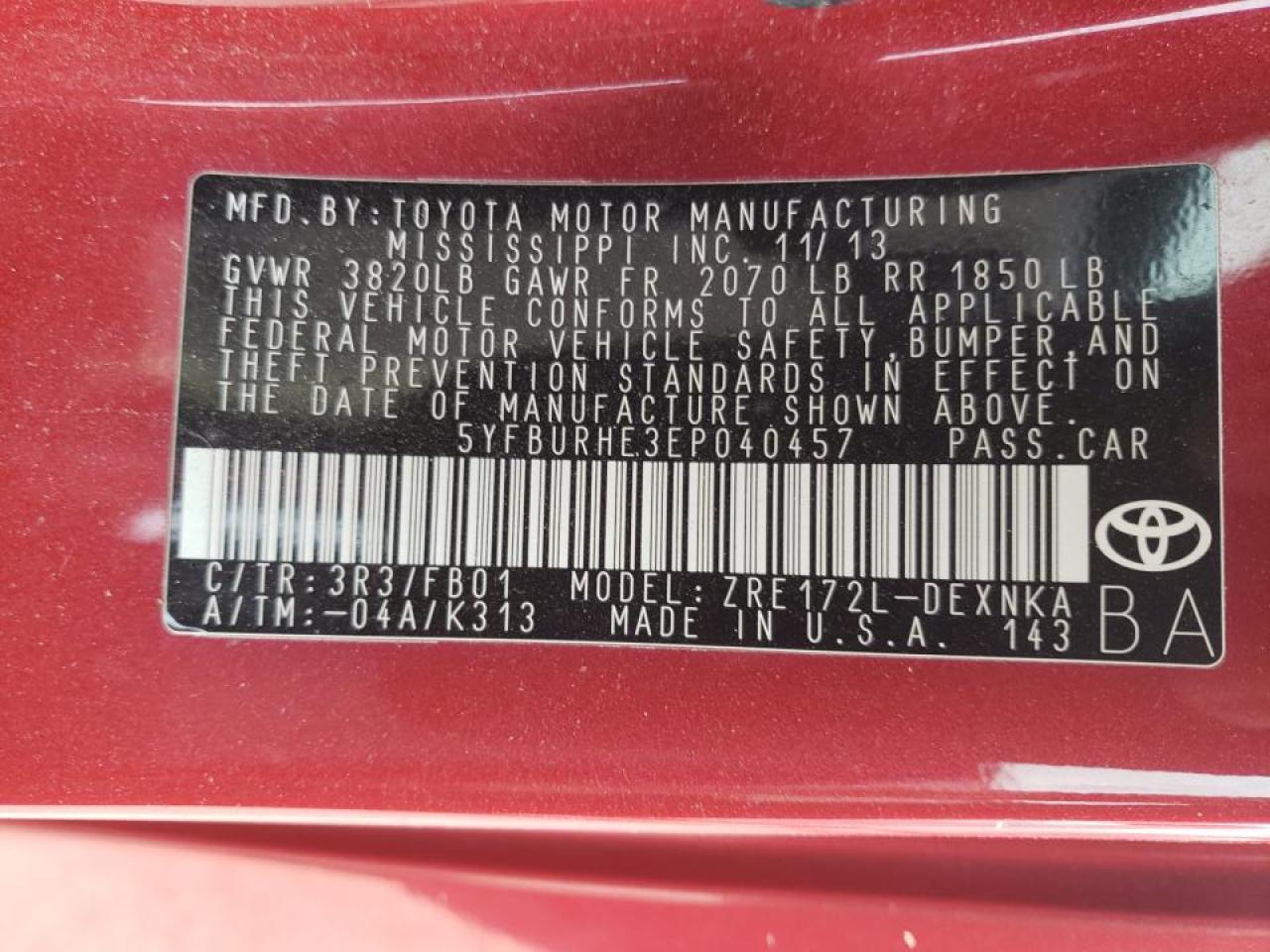 Photo 10 from auction – 2014 TOYOTA COROLLA L with VIN 5YFBURHE3EP040457
