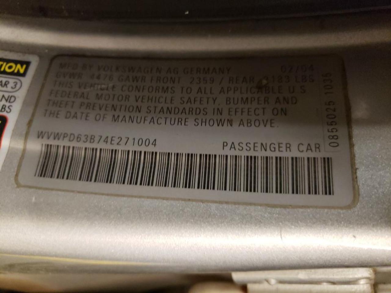 Photo 10 from auction – 2004 VOLKSWAGEN PASSAT GLS with VIN WVWPD63B74E271004