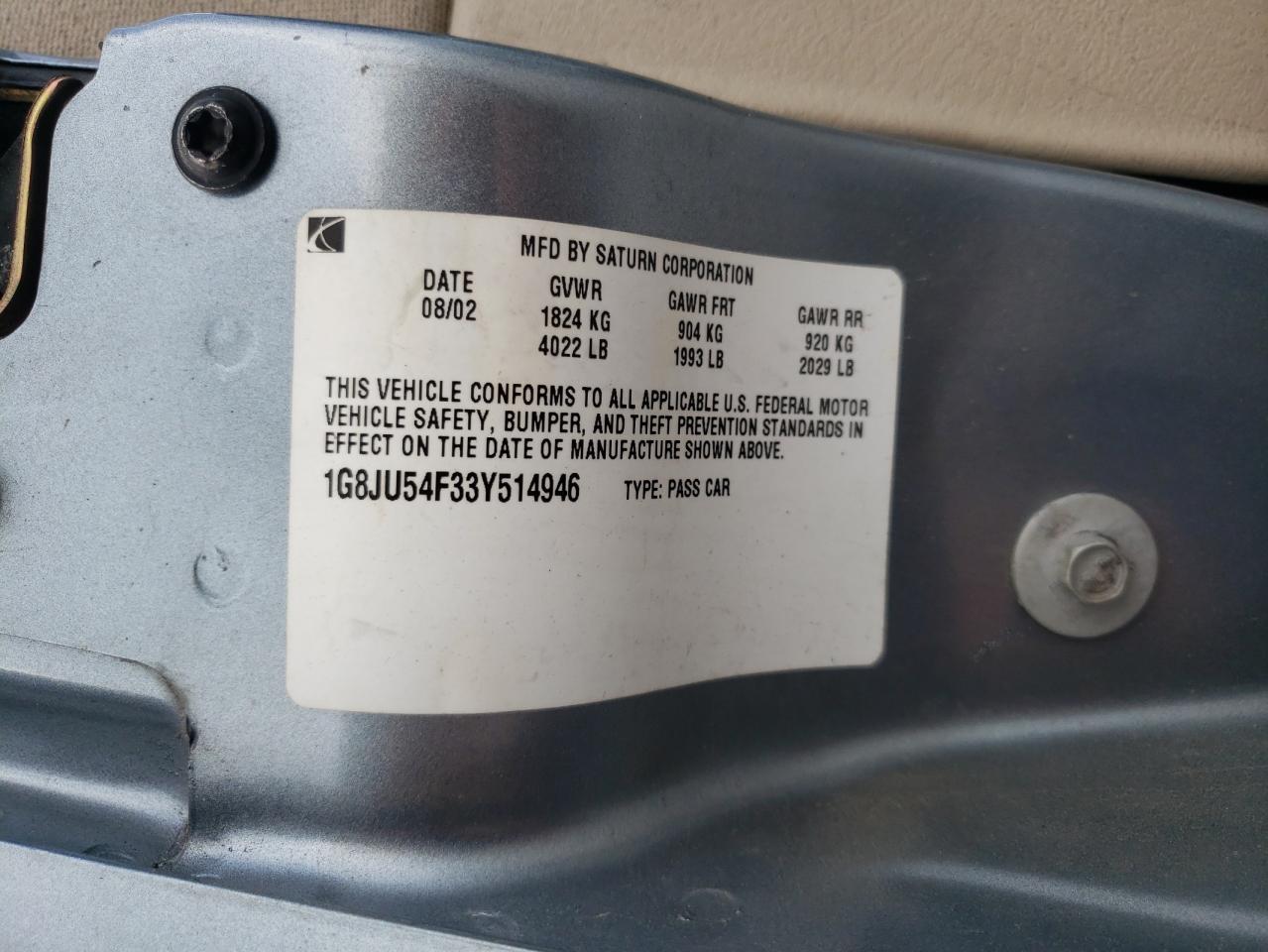 Photo 10 from auction – 2003 SATURN L200 with VIN 1G8JU54F33Y514946
