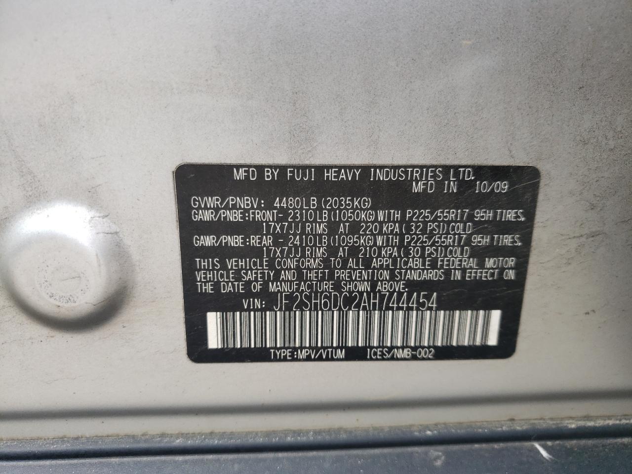 Photo 10 from auction – 2010 SUBARU FORESTER 2 with VIN JF2SH6DC2AH744454