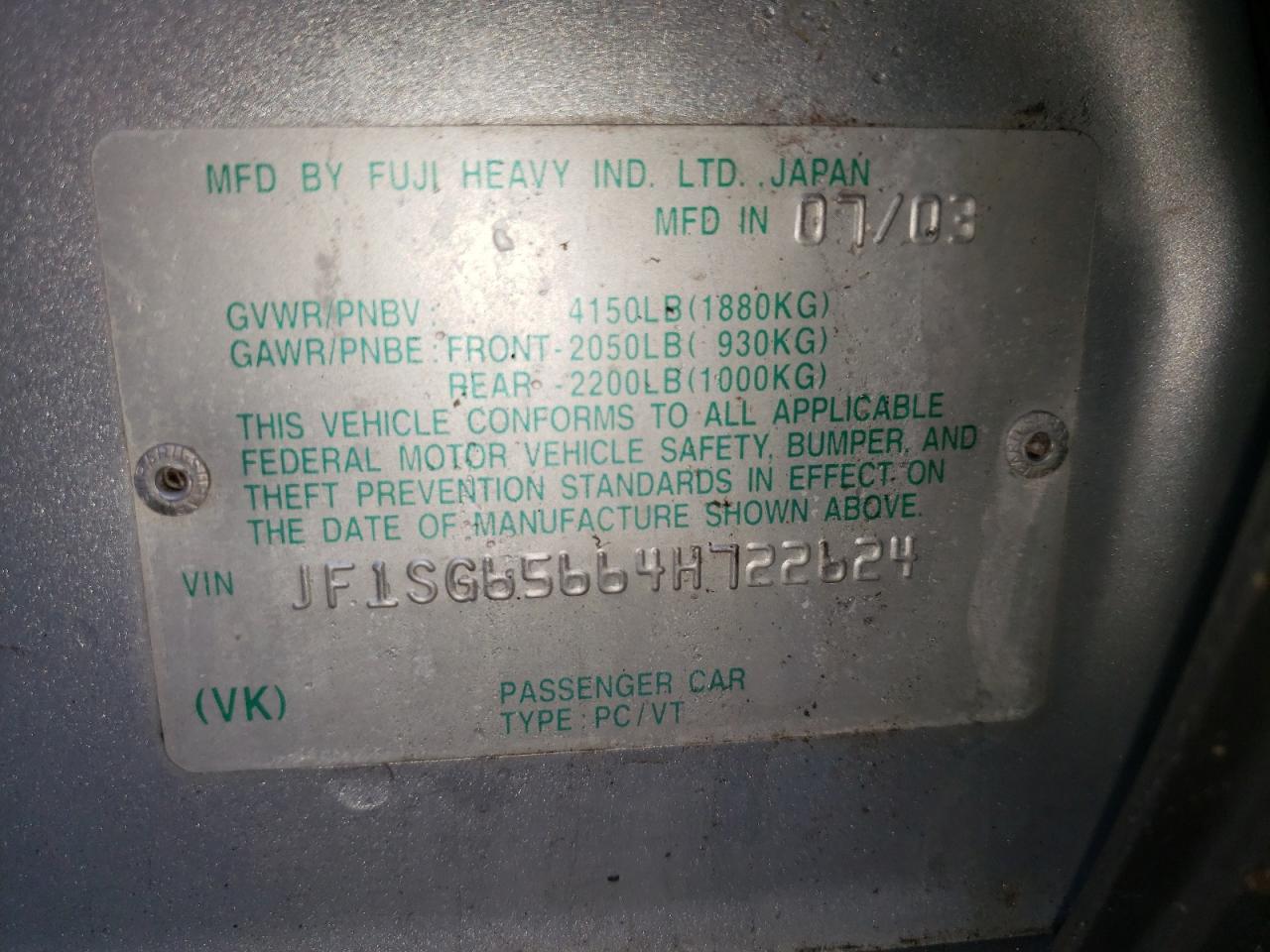Photo 10 from auction – 2004 SUBARU FORESTER 2 with VIN JF1SG65664H722624