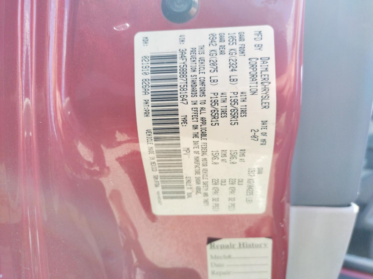 Photo 10 from auction – 2007 CHRYSLER PT CRUISER with VIN 3A4FY58B87T581647