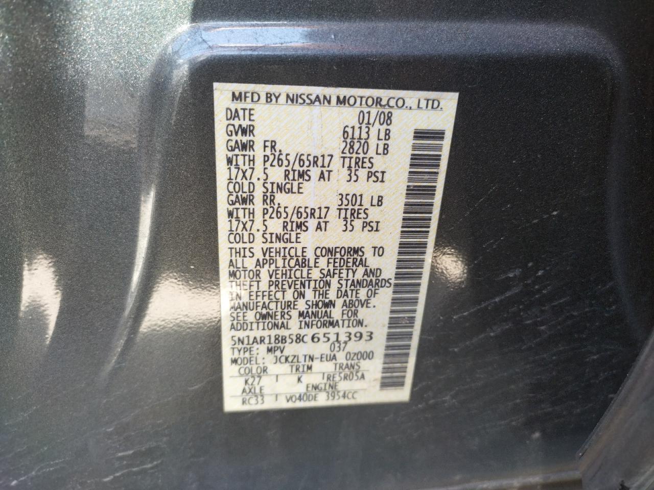 Photo 10 from auction – 2008 NISSAN PATHFINDER with VIN 5N1AR18B58C651393
