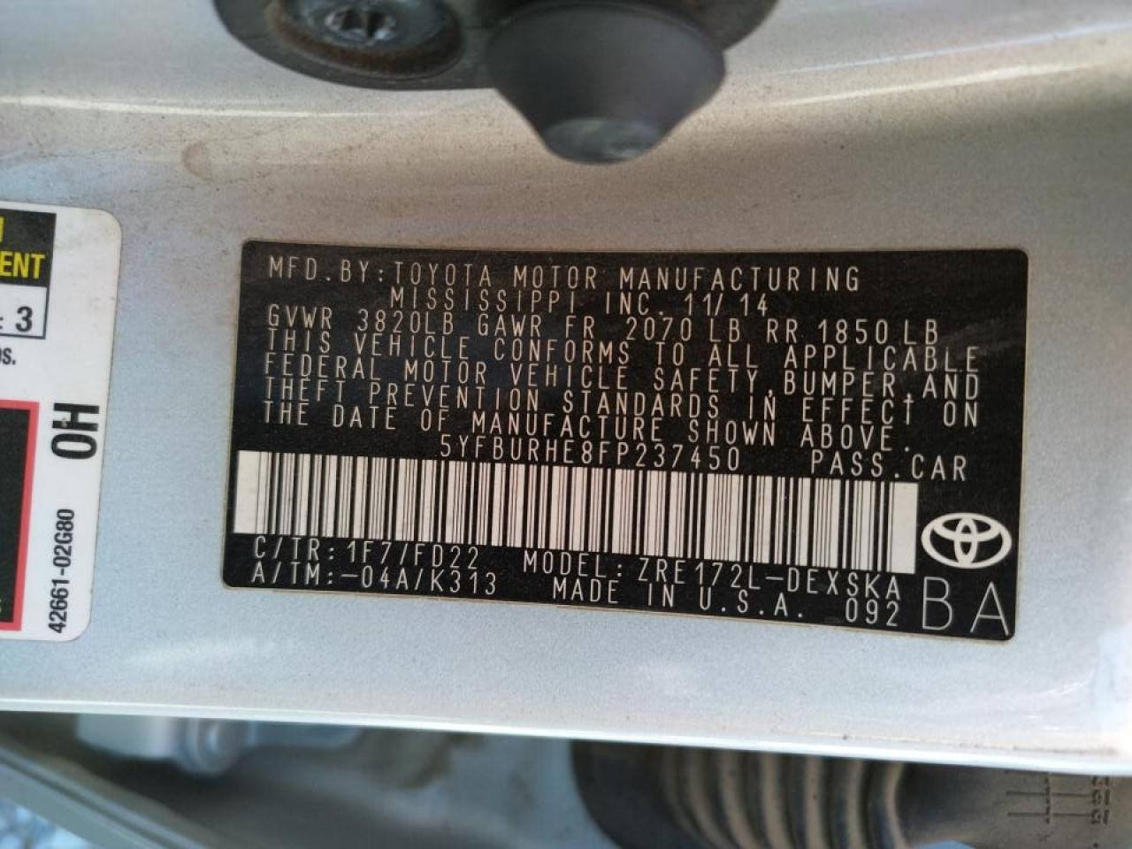 Photo 10 from auction – 2015 TOYOTA COROLLA L with VIN 5YFBURHE8FP237450