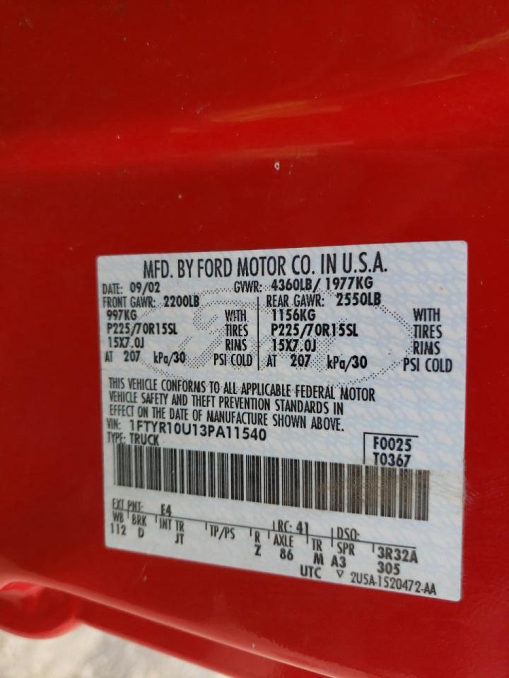 Photo 10 from auction – 2003 FORD RANGER with VIN 1FTYR10U13PA11540