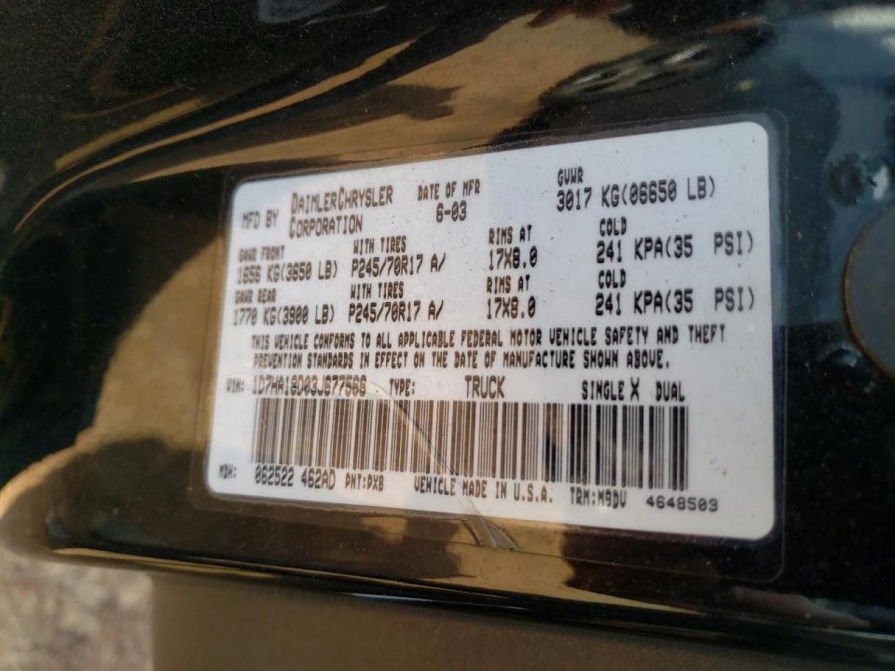 Photo 10 from auction – 2003 DODGE RAM 1500 S with VIN 1D7HA18D03J677566