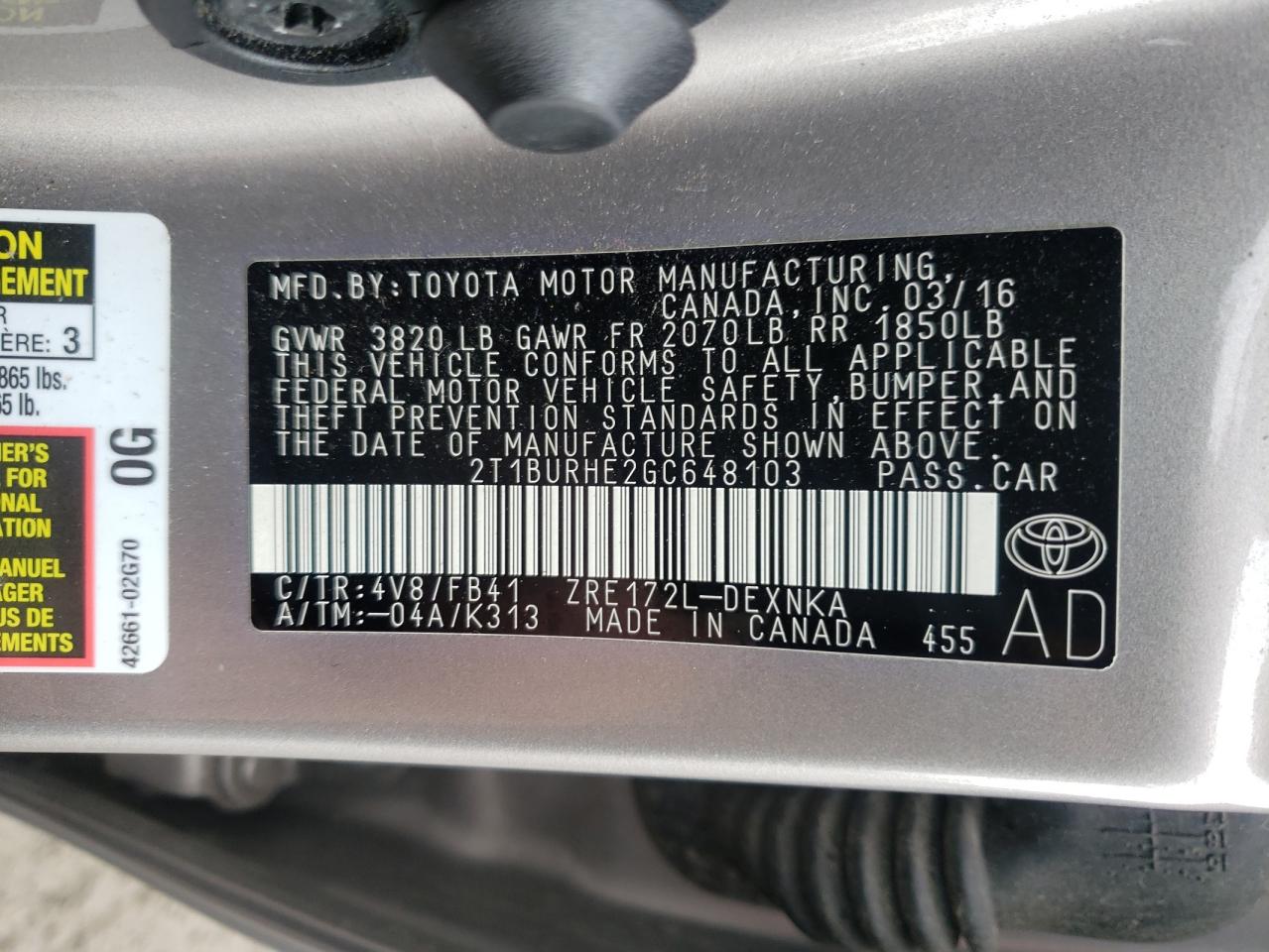 Photo 10 from auction – 2016 TOYOTA COROLLA L with VIN 2T1BURHE2GC648103