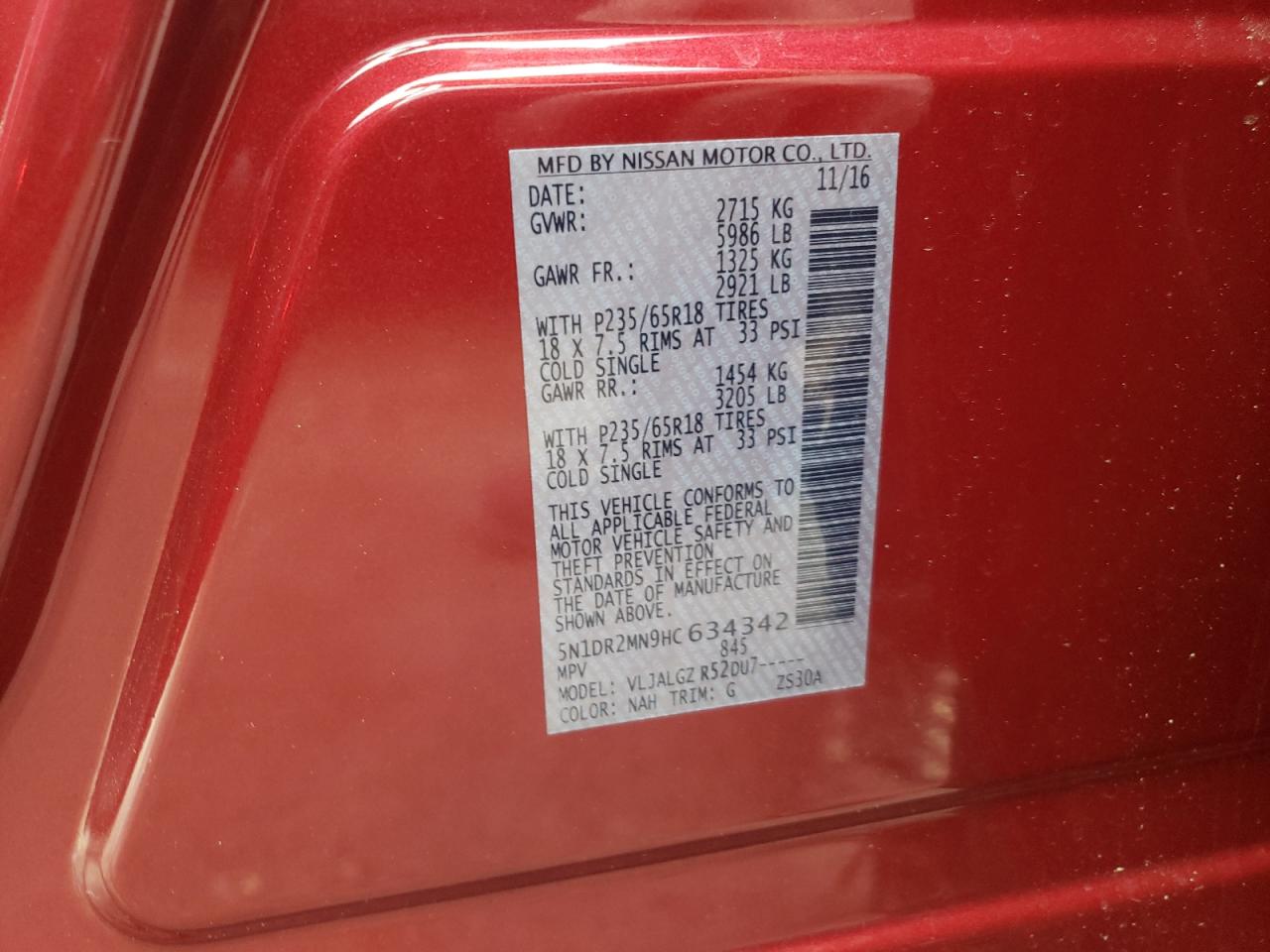 Photo 10 from auction – 2017 NISSAN PATHFINDER with VIN 5N1DR2MN9HC634342