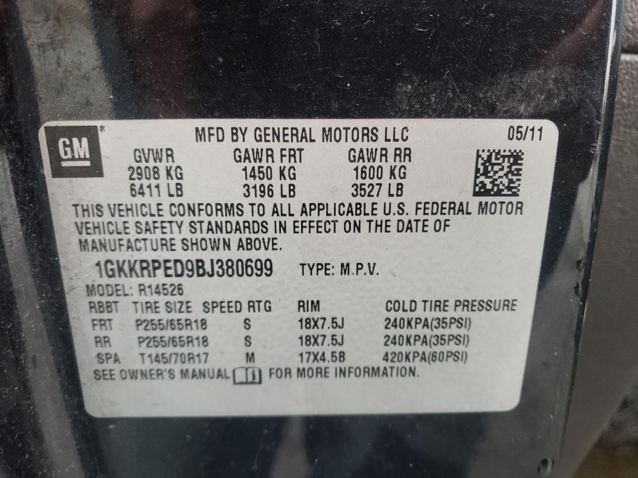 Photo 10 from auction – 2011 GMC ACADIA SLE with VIN 1GKKRPED9BJ380699