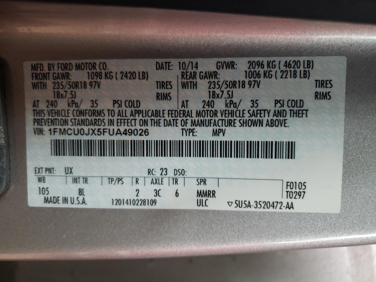 Photo 10 from auction – 2015 FORD ESCAPE TIT with VIN 1FMCU0JX5FUA49026