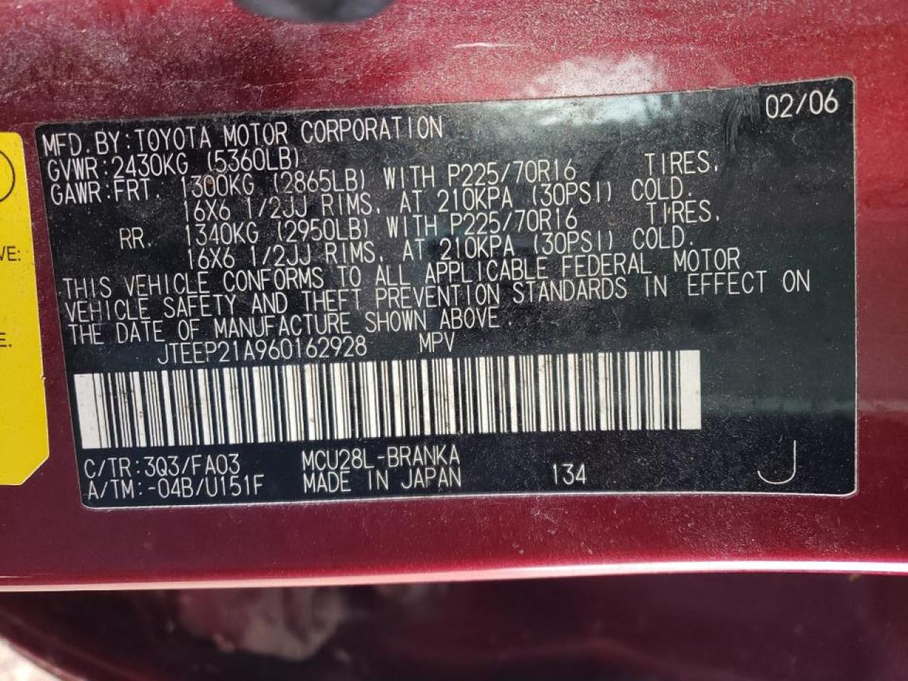 Photo 10 from auction – 2006 TOYOTA HIGHLANDER with VIN JTEEP21A960162928
