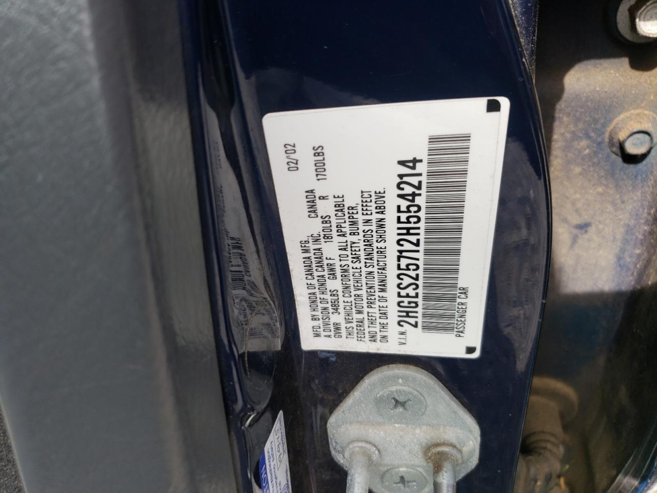 Photo 10 from auction – 2002 HONDA CIVIC EX with VIN 2HGES25712H554214