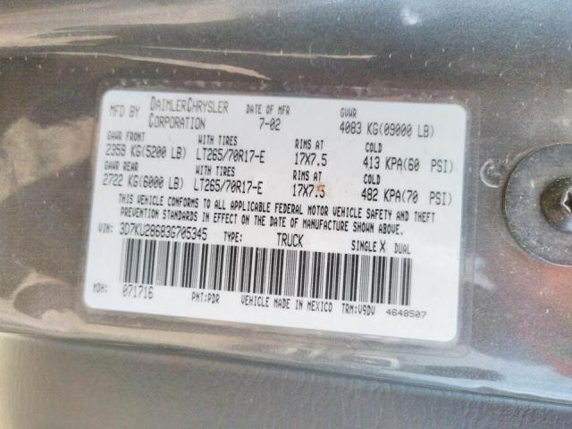 Photo 10 from auction – 2003 DODGE RAM 2500 S with VIN 3D7KU28683G705345