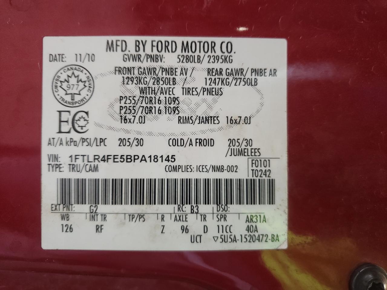 Photo 10 from auction – 2011 FORD RANGER SUP with VIN 1FTLR4FE5BPA18145