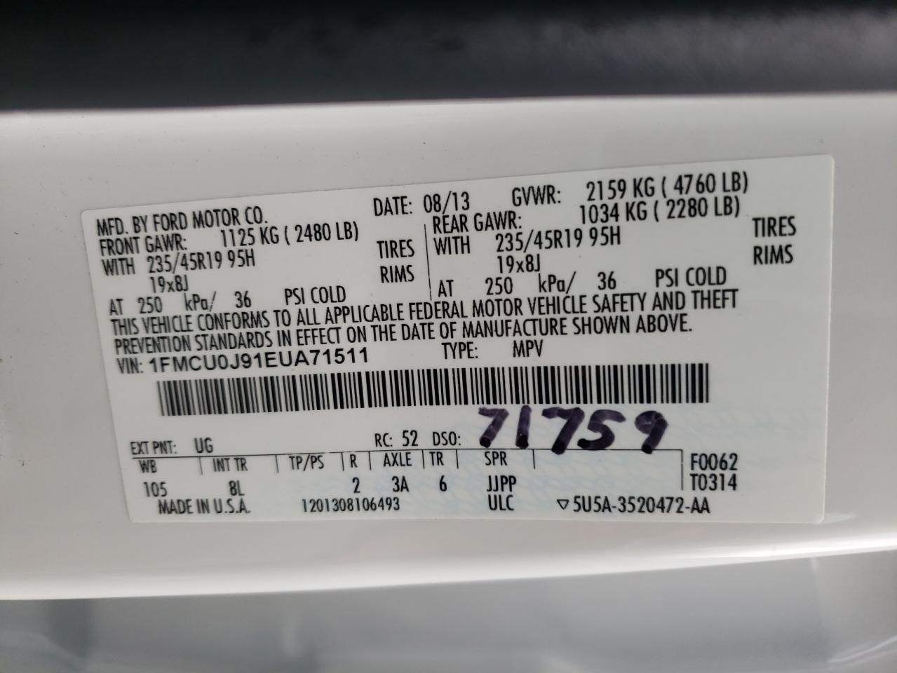 Photo 10 from auction – 2014 FORD ESCAPE TIT with VIN 1FMCU0J91EUA71511