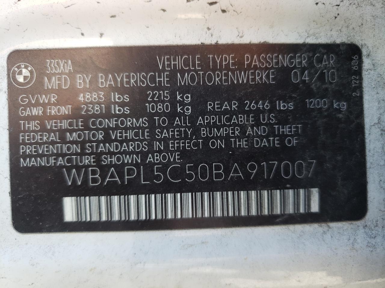 Photo 10 from auction – 2011 BMW 335 XI with VIN WBAPL5C50BA917007