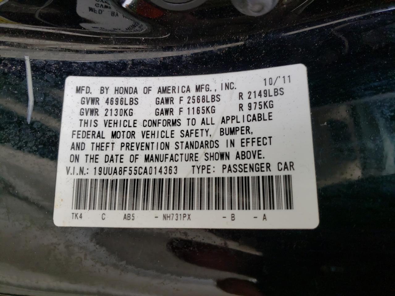 Photo 10 from auction – 2012 ACURA TL with VIN 19UUA8F55CA014363