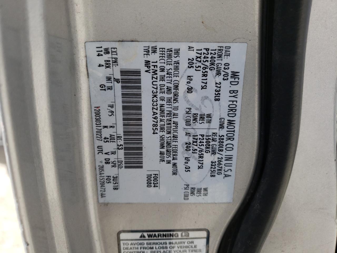 Photo 10 from auction – 2003 FORD EXPLORER X with VIN 1FMZU73K33ZA97854