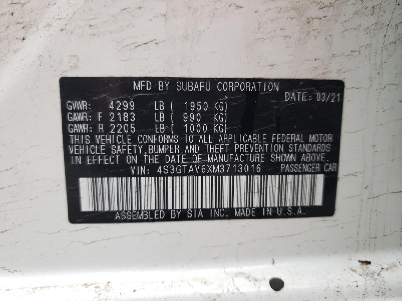 Photo 10 from auction – 2021 SUBARU IMPREZA PR with VIN 4S3GTAV6XM3713016
