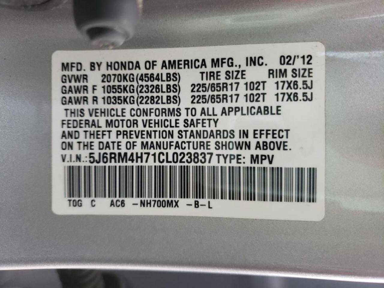 Photo 10 from auction – 2012 HONDA CR-V EXL with VIN 5J6RM4H71CL023837