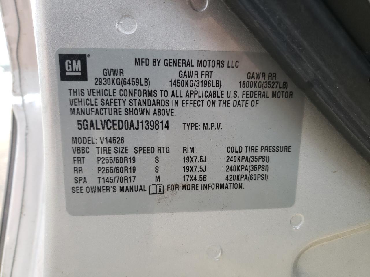 Photo 10 from auction – 2010 BUICK ENCLAVE CX with VIN 5GALVCED0AJ139814