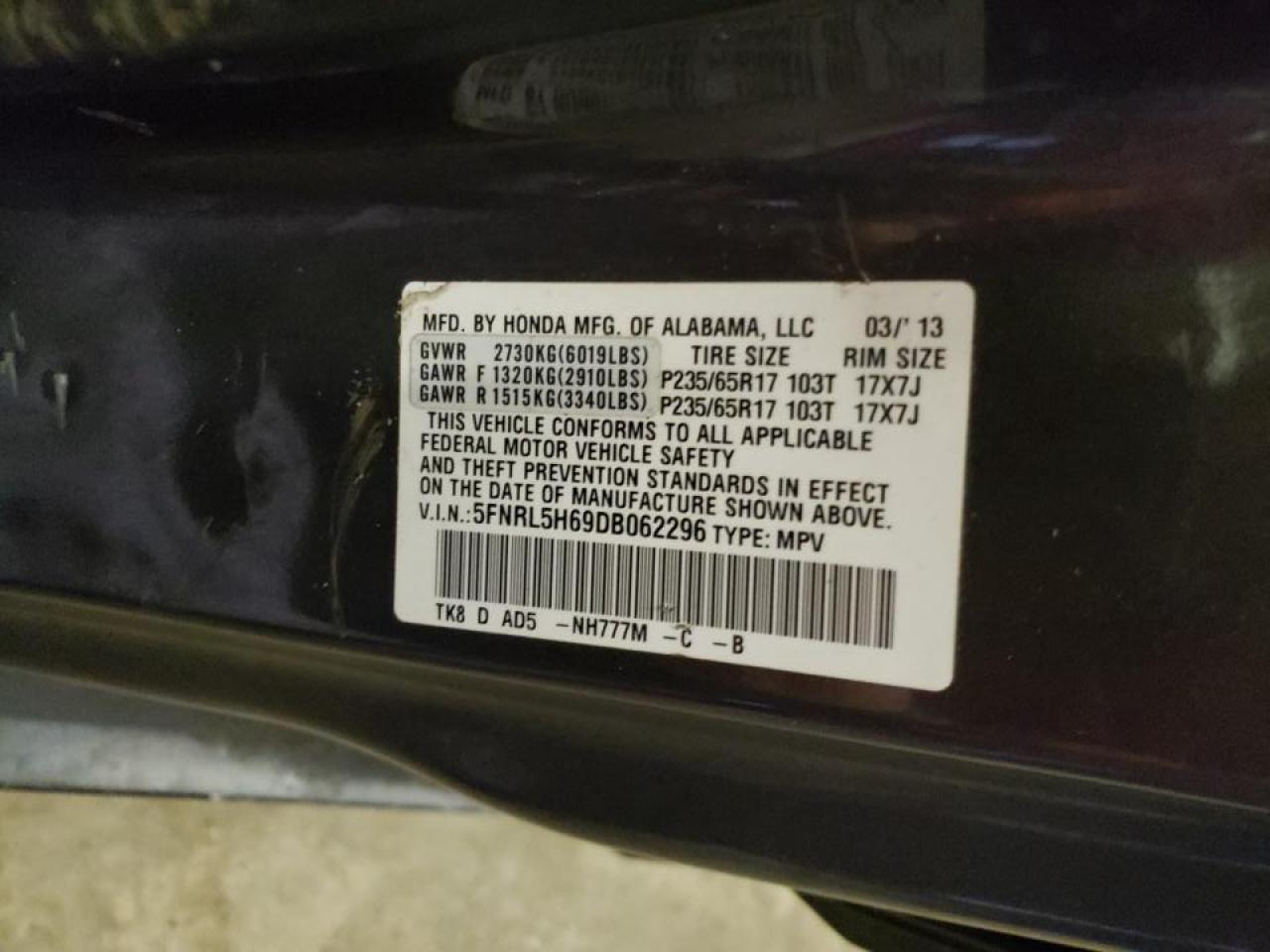 Photo 10 from auction – 2013 HONDA ODYSSEY EX with VIN 5FNRL5H69DB062296