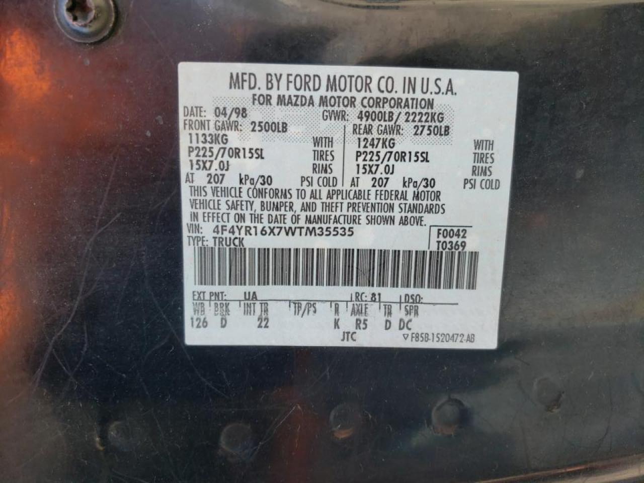 Photo 10 from auction – 1998 MAZDA B4000 CAB with VIN 4F4YR16X7WTM35535