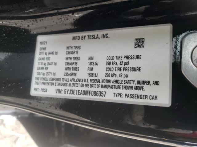 Photo 10 from auction – 2021 TESLA MODEL 3 with VIN 5YJ3E1EA0MF086357