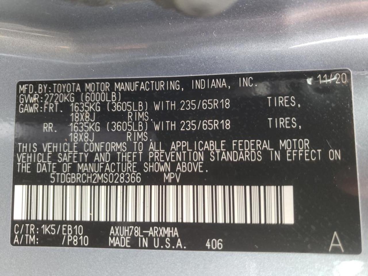 Photo 10 from auction – 2021 TOYOTA HIGHLANDER with VIN 5TDGBRCH2MS028366
