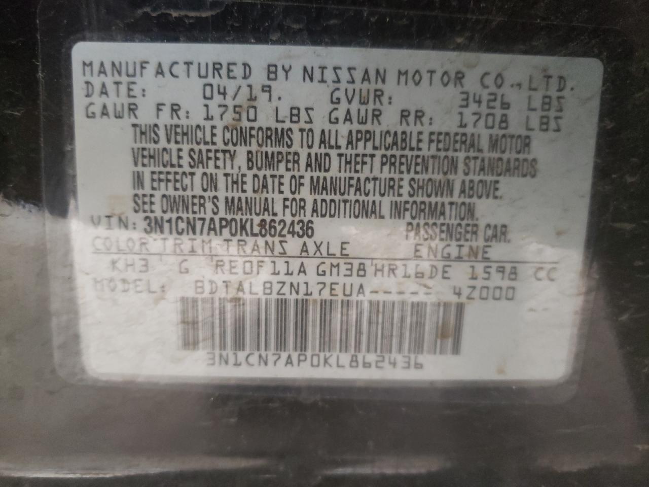 Photo 10 from auction – 2019 NISSAN VERSA S with VIN 3N1CN7AP0KL862436