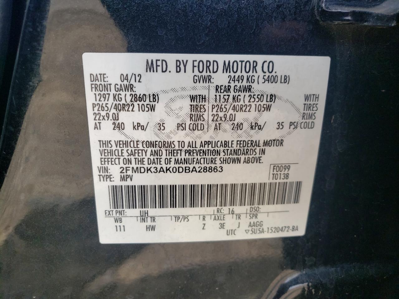 Photo 10 from auction – 2013 FORD EDGE SPORT with VIN 2FMDK3AK0DBA28863