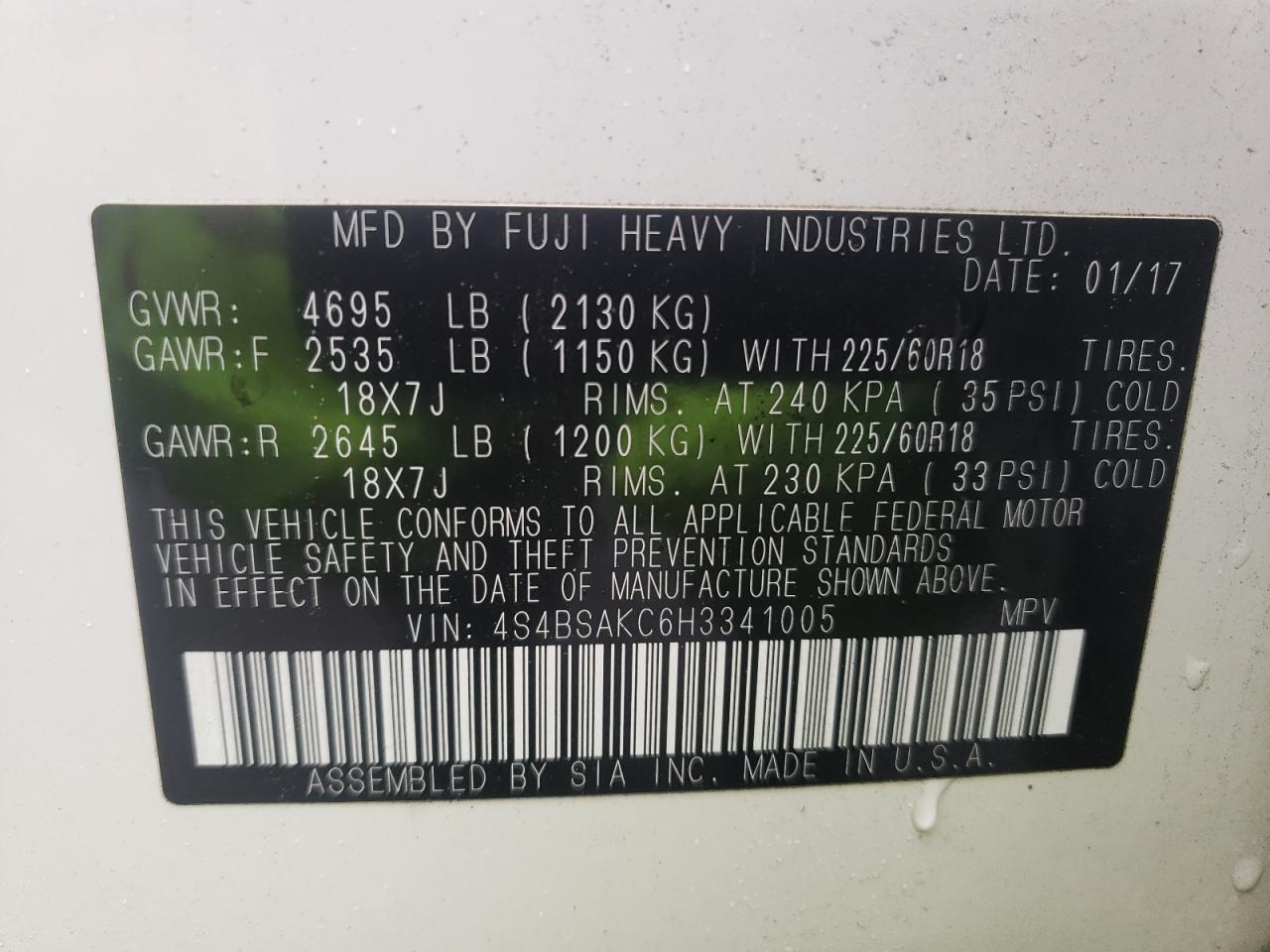Photo 10 from auction – 2017 SUBARU OUTBACK 2. with VIN 4S4BSAKC6H3341005
