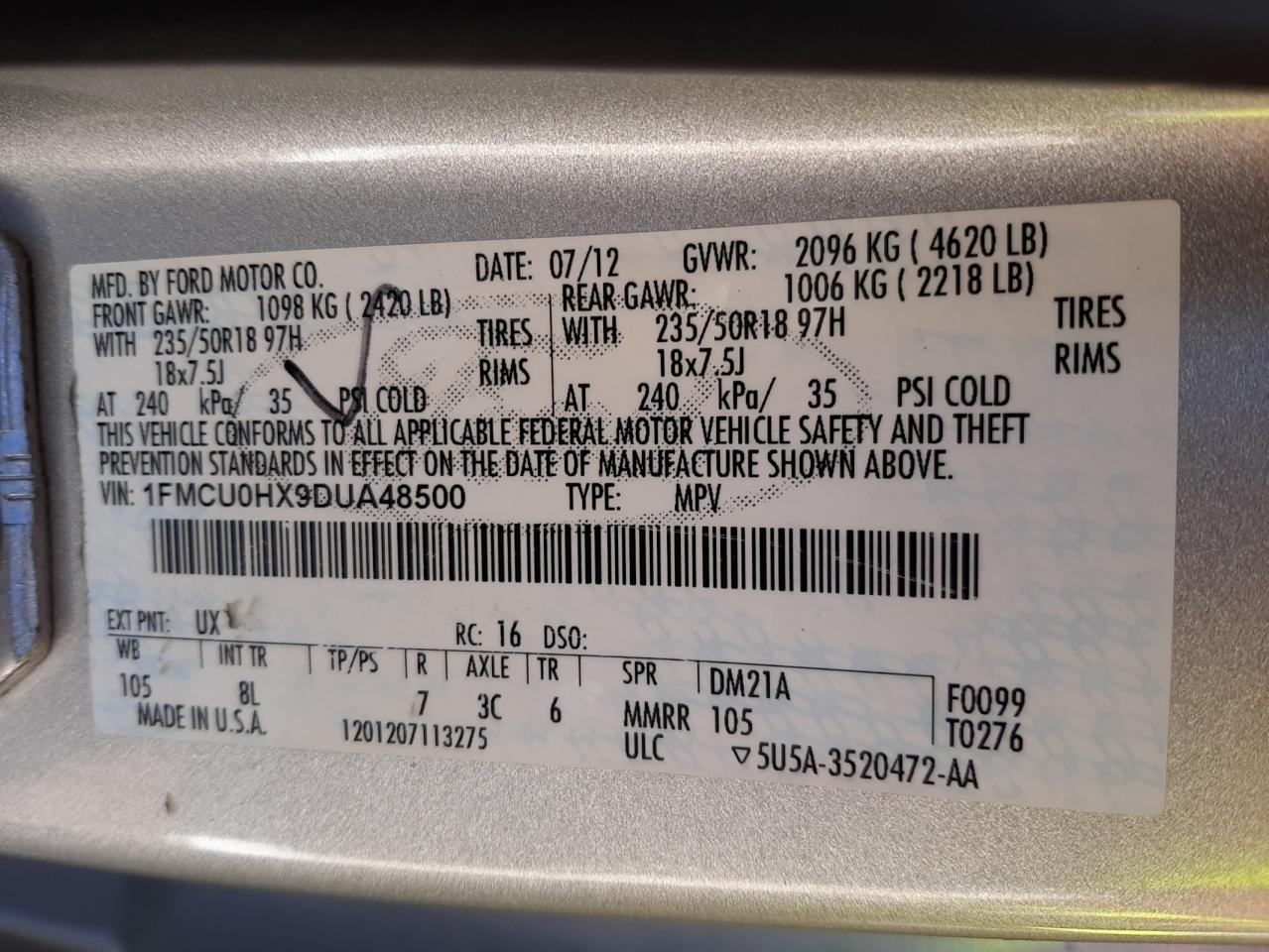 Photo 10 from auction – 2013 FORD ESCAPE SEL with VIN 1FMCU0HX9DUA48500