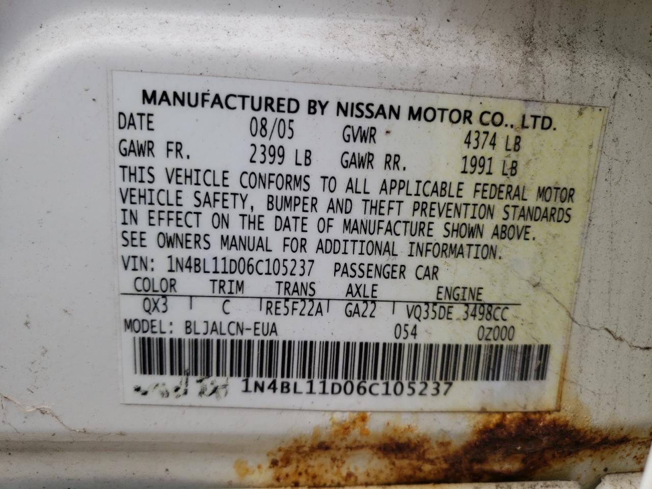 Photo 10 from auction – 2006 NISSAN ALTIMA SE with VIN 1N4BL11D06C105237