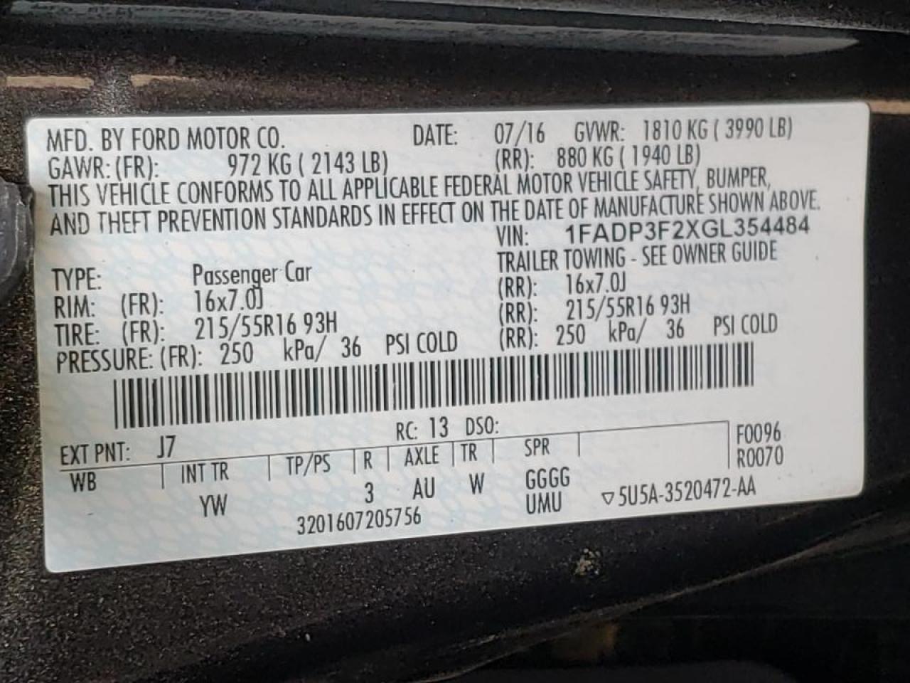 Photo 10 from auction – 2016 FORD FOCUS SE with VIN 1FADP3F2XGL354484