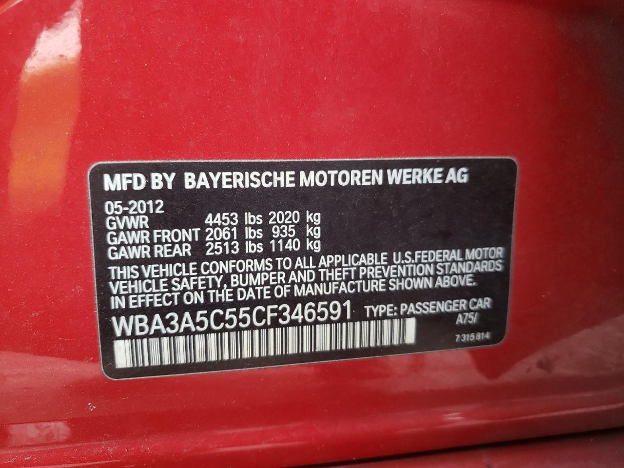 Photo 10 from auction – 2012 BMW 328 I with VIN WBA3A5C55CF346591
