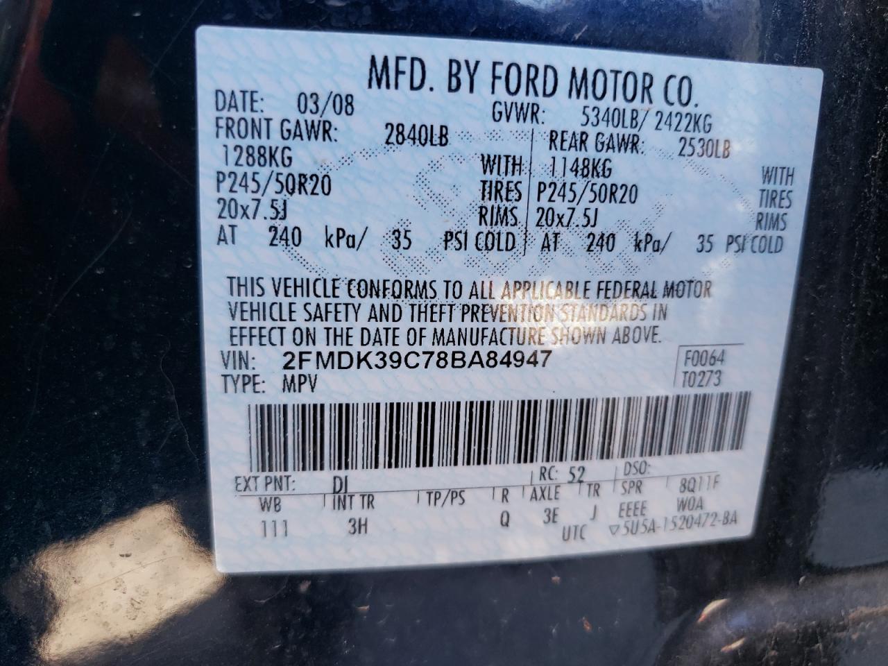 Photo 10 from auction – 2008 FORD EDGE LIMIT with VIN 2FMDK39C78BA84947