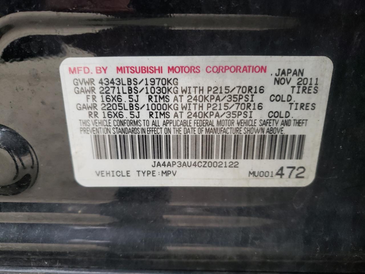 Photo 10 from auction – 2012 MITSUBISHI OUTLANDER with VIN JA4AP3AU4CZ002122