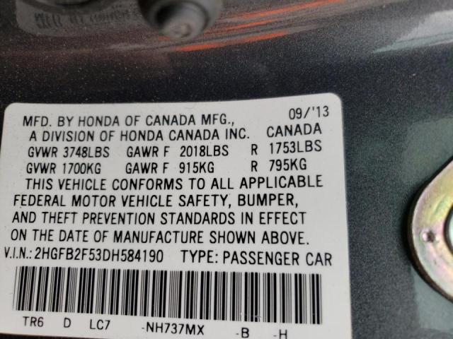 Photo 10 from auction – 2013 HONDA CIVIC LX with VIN 2HGFB2F53DH584190