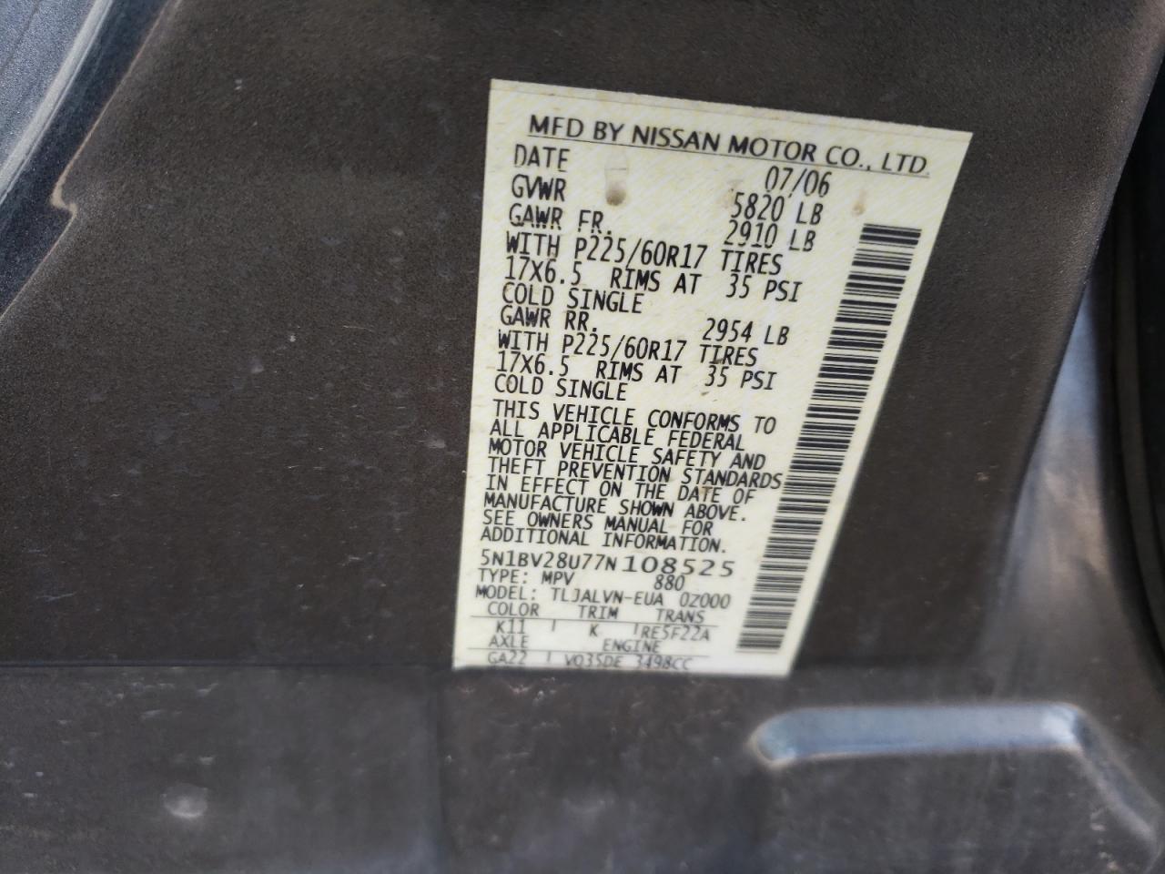 Photo 10 from auction – 2007 NISSAN QUEST S with VIN 5N1BV28U77N108525