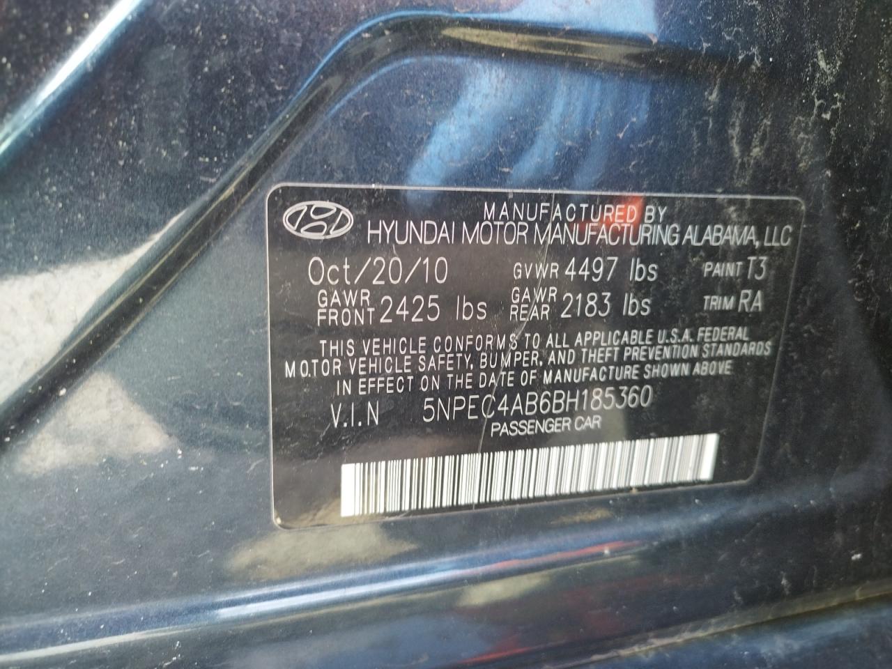 Photo 10 from auction – 2011 HYUNDAI SONATA SE with VIN 5NPEC4AB6BH185360