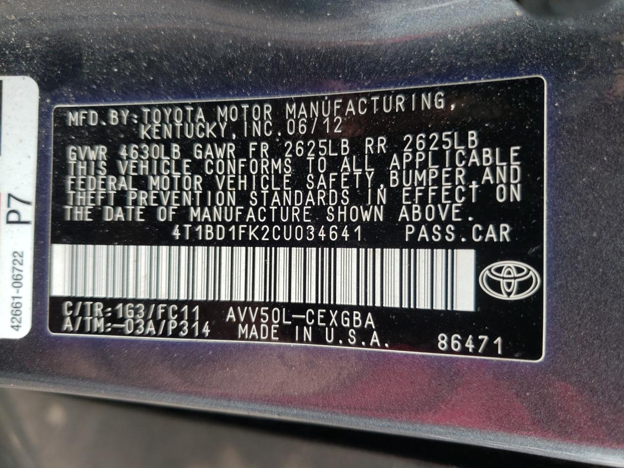 Photo 10 from auction – 2012 TOYOTA CAMRY HYBR with VIN 4T1BD1FK2CU034641