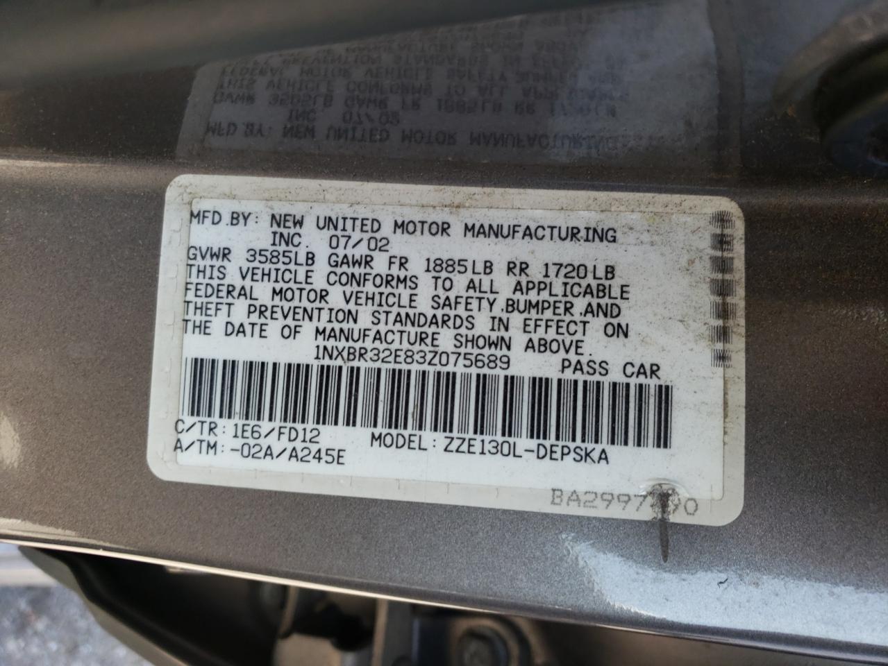 Photo 10 from auction – 2003 TOYOTA COROLLA CE with VIN 1NXBR32E83Z075689