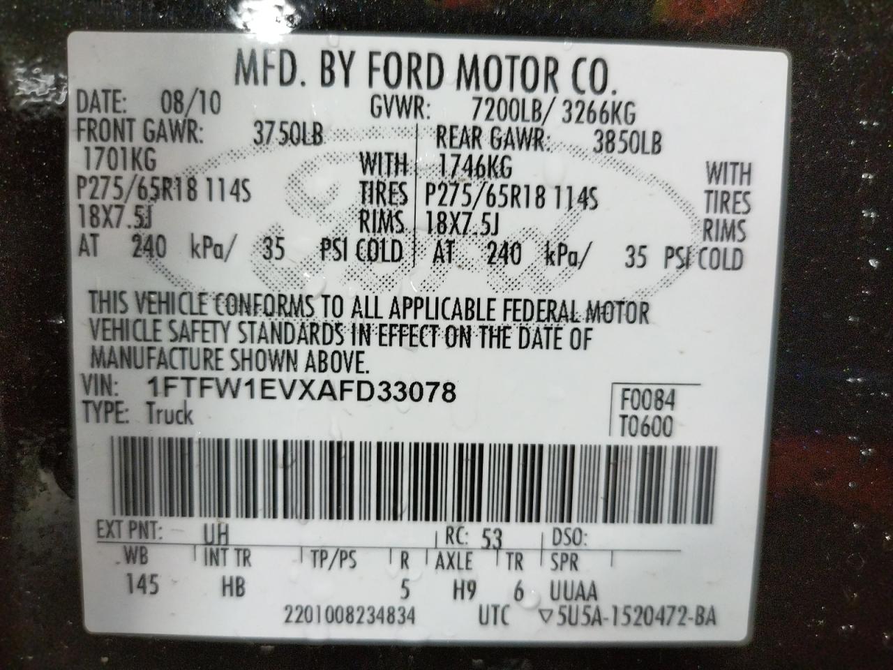 Photo 10 from auction – 2010 FORD F150 SUPER with VIN 1FTFW1EVXAFD33078